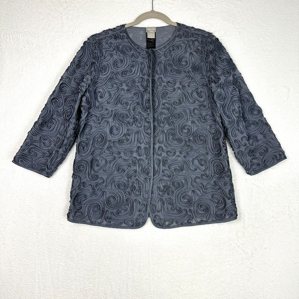 Chico's Size 2 Travelers Jacket Soutache Swirl Embellished in Carbon Gray